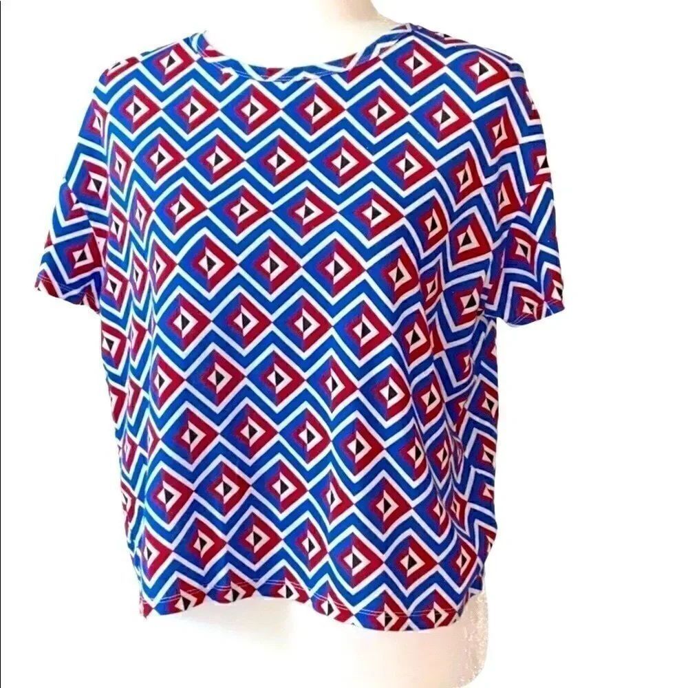 Zara T-Shirt Short Sleeve Colorful Crew Neck S Blue Red White Retro Aztec Artsy